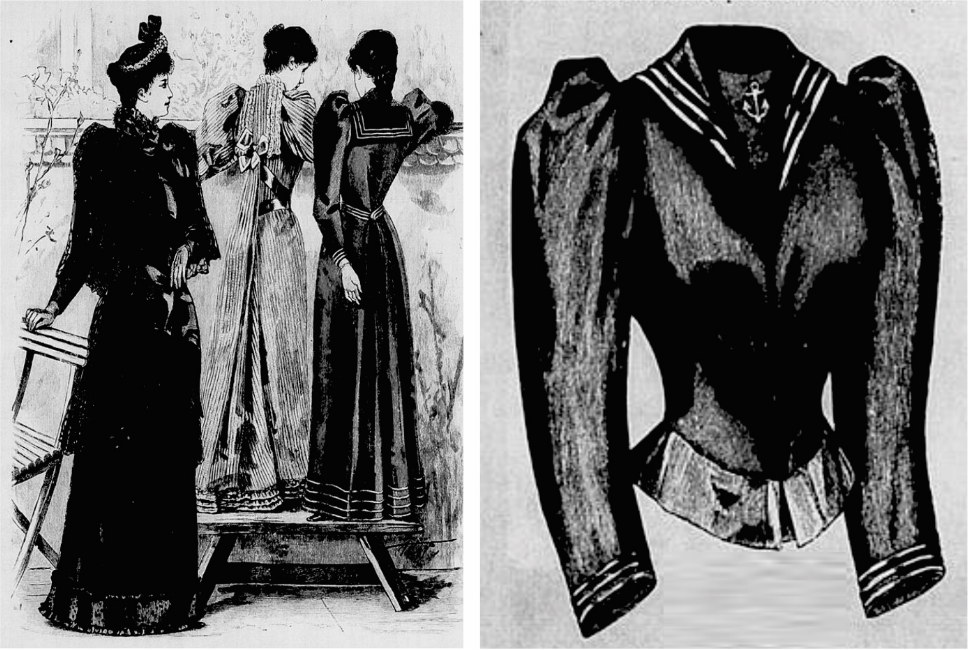 Figurino de vestido marinheiro e a respectiva frente da blusa