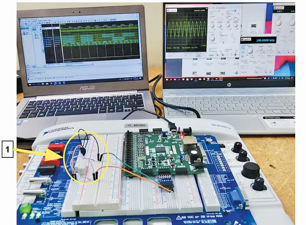 Figura
8. Montaje para pruebas del algoritmo sobre FPGA.
Las muestras del circuito serie se capturan con una plataforma de pruebas ELVIS
II de NI y enviadas a una PC portátil para su posterior conversión de decimal a
binario en MATLA, (1) circuito serie.