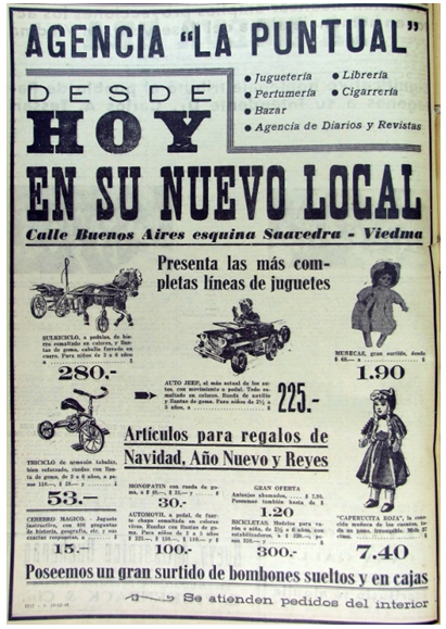 Anuncio de juguetes, artículos de regalo y bombones (1949)