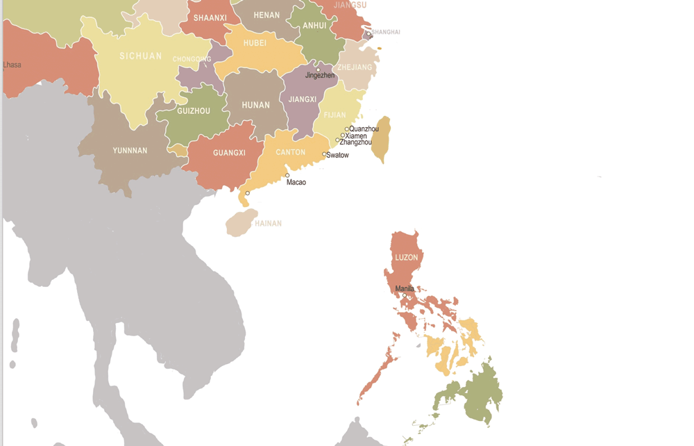 Mapa de las provincias de China y Manila, y ciudades comerciales. Diseño de la autora