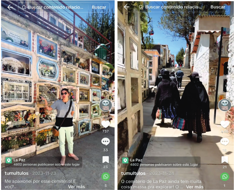 Usuaria de TikTok tumultulos, recorriendo el cementerio de La Paz, Bolivia. Captura tomada por la autora, del perfil referido (deliberadamente se evidencia que las im&aacute;genes son capturas, ya que en realidad corresponden a formato video)