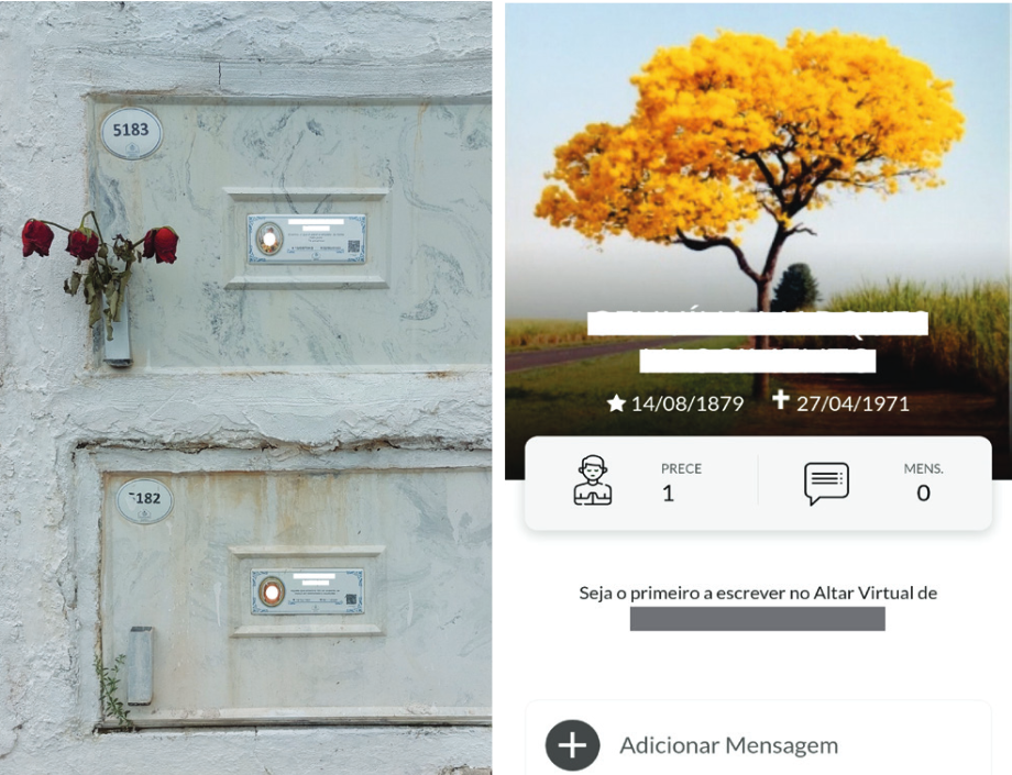 Nicho del sector antiguo del cementerio con c&oacute;digo QR adicionado a la l&aacute;pida (izquierda) y altar virtual al cual se accede mediante la lectura del c&oacute;digo QR (derecha). Fotograf&iacute;as de la autora.