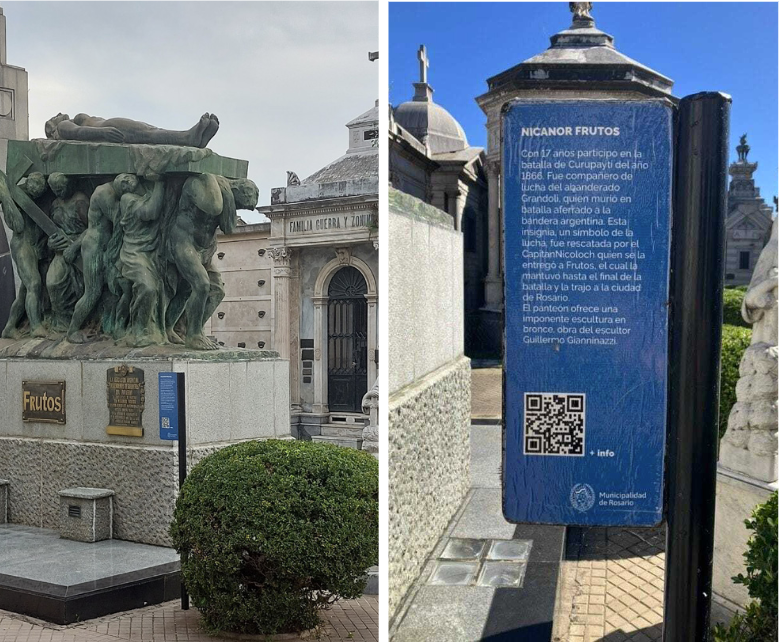 Vista general del cartel de se&ntilde;alizaci&oacute;n localizado en la intersecci&oacute;n de calles del cementerio El Salvador, en Rosario (izquierda); y acercamiento para visualizaci&oacute;n del c&oacute;digo QR (derecha). Fotograf&iacute;as de la autora.