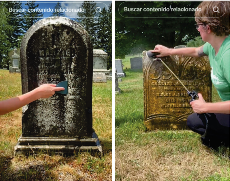 Usuaria de Tiktok manicpixiemom, acondicionando sepulturas de mediados de siglo XIX en Estados Unidos. Captura tomada del perfil referido (deliberadamente se evidencia que las im&aacute;genes son capturas, ya que en realidad corresponden a formato video).