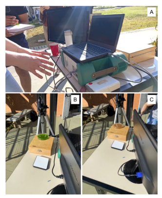 Registro da atividade prática:
A) Caracterização dos equipamentos utilizados; B) Coleta do espectro de
reflectância do alvo água com fitoplâncton e C) água com sólidos dissolvidos