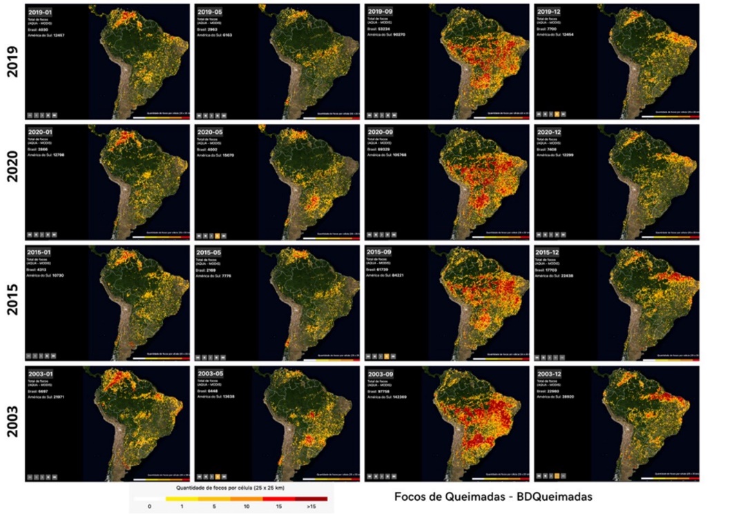 Mosaico de imagens com focos de queimadas na América do Sul