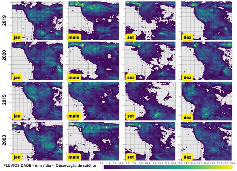 Mosaico de imagens com dados de pluviosidade em mm/dia na América do Sul