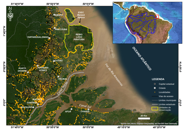  Localização da foz do Amazonas e litoral adjacente com as cidades sedes dos
municípios costeiros e os assentamentos humanos na região