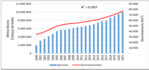 Dinâmica
do desmatamento e do efetivo bovino na região da Amacro