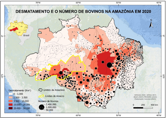 Mapa do
desmatamento e o número de cabeças de gado na Amazônia em 2020