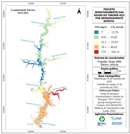 Mapa de Condutividade
elétrica e Totais sólidos dissolvidos dos pontos coletados
