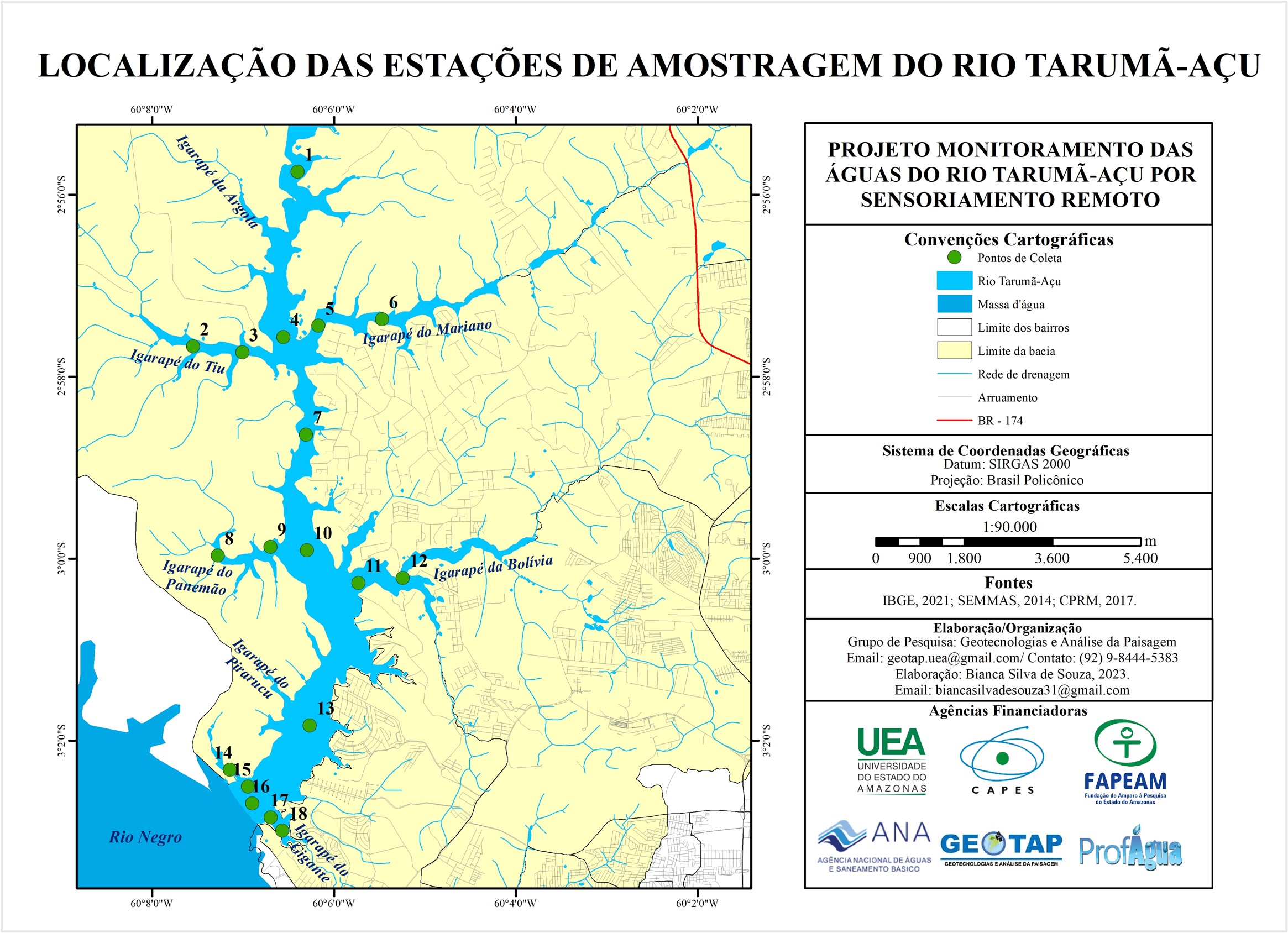 
Localiza&ccedil;&atilde;o das esta&ccedil;&otilde;es de amostragem na &aacute;rea do baixo curso da Bacia
Hidrogr&aacute;fica do rio Tarum&atilde;-A&ccedil;u