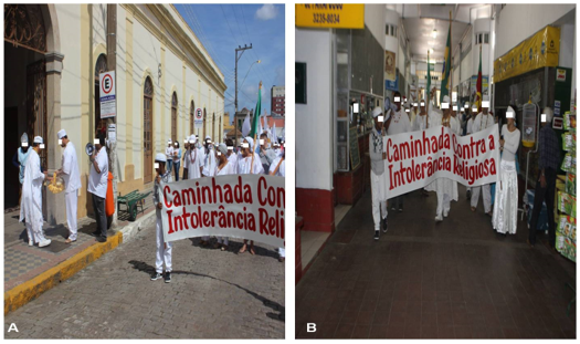 Manifestações
contra a Intolerância religiosa no MPMRG: Saudação na entrada do território de
Bará (A); Caminhada no interior do MPMRG (B)