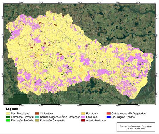 Mapa
de Detecção de Mudanças do uso e cobertura da terra na Bacia Hidrográfica do
Rio Iguatemi - MapBiomas (1990 - 2020)