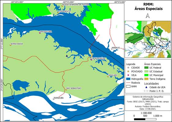 Mapa de &Aacute;reas Especiais (UCs e TIs) da RMM com &ecirc;nfase no eixo estruturante