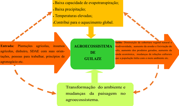Representa&ccedil;&atilde;o esquem&aacute;tica dos elementos que concorrem para a transforma&ccedil;&atilde;o do ambiente e mudan&ccedil;as da paisagem no agroecossistema de Guilaze