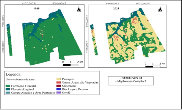 Mapa comparativo de uso no ano de 1985 e 2023 do Território Quilombola São Miguel Arcanjo