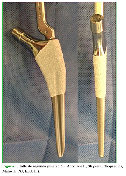 Tallo de segunda generación (Accolade II, Stryker Orthopaedics,Mahwah, NJ, EE.UU.). 