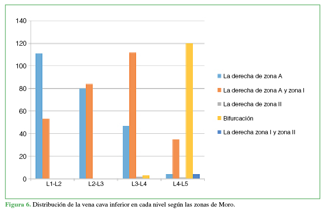 Distribución de la vena cava inferior en cada nivel
según las zonas de Moro.