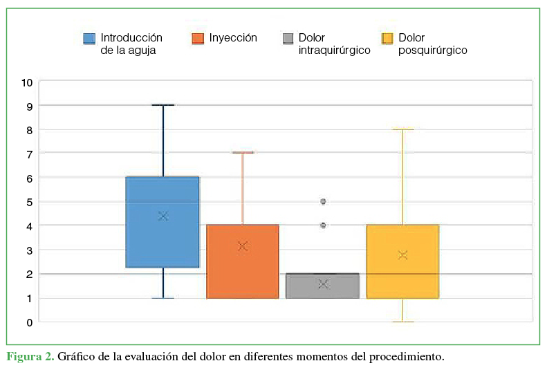 Gráfico de la evaluación del dolor en diferentes momentos del procedimiento.
