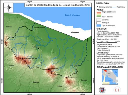 Cantón de Upala: modelo digital del terreno y red hídrica (2013)