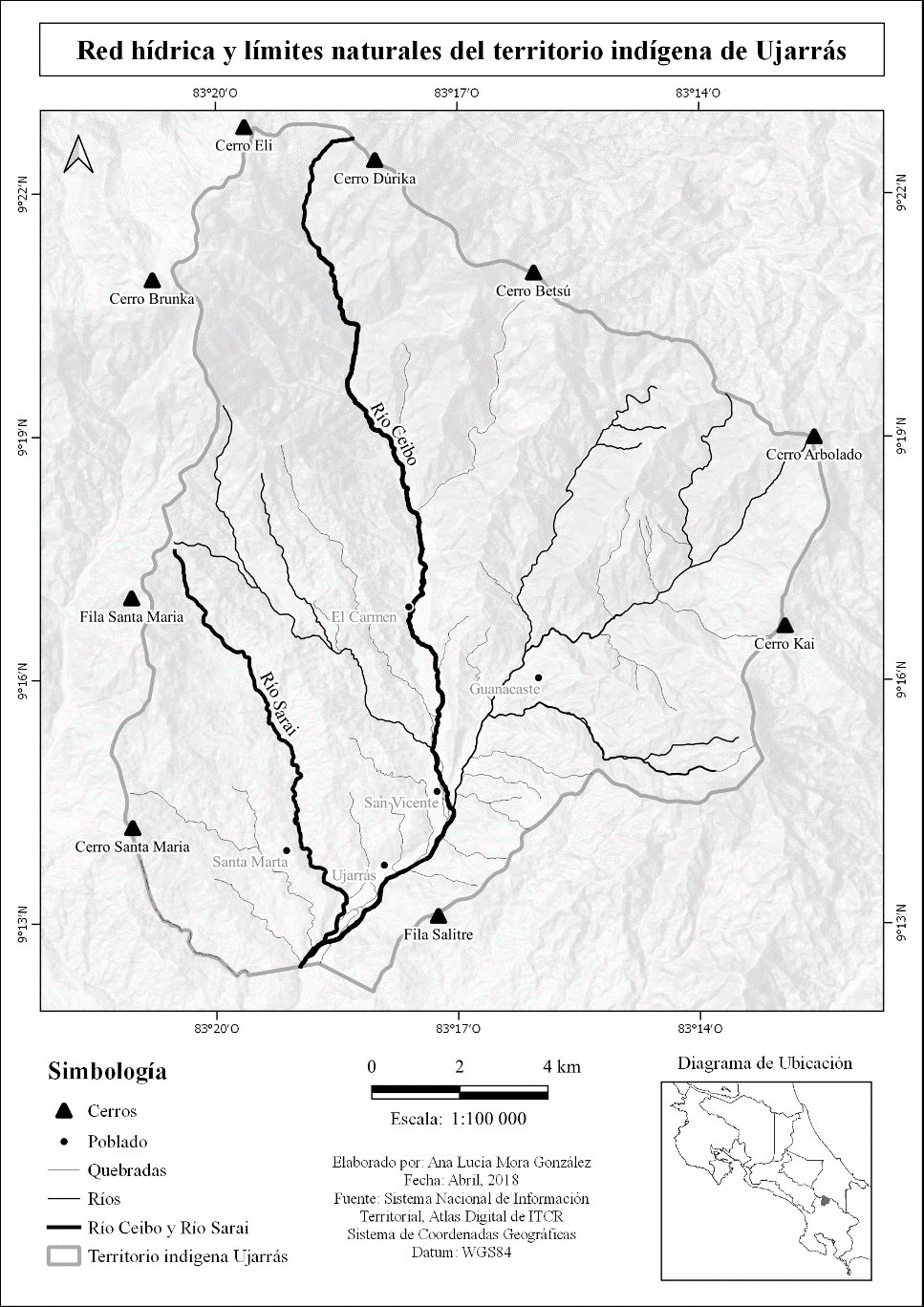 Mapa 1. Red
hídrica y límites naturales del territorio de Ujarrás