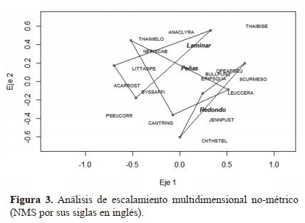 Análisis de escalamiento multidimensional no-métrico (NMS por sus siglas en inglés).