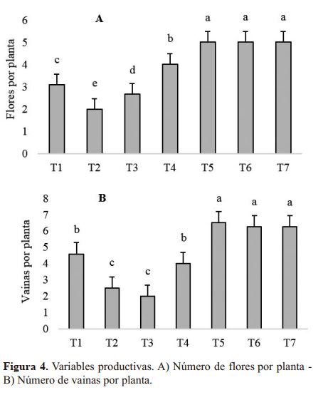Variables productivas. a) Número de flores por planta. B) Número de vainas por plantas.