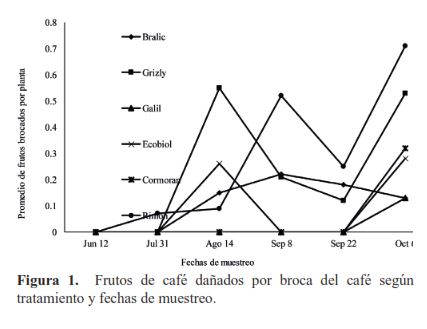 Frutos de café dañados por broca del café según tratamiento y fechas de muestreo.