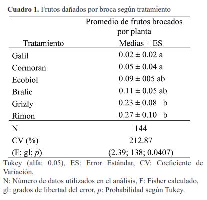 Frutos dañados por broca según tratamiento