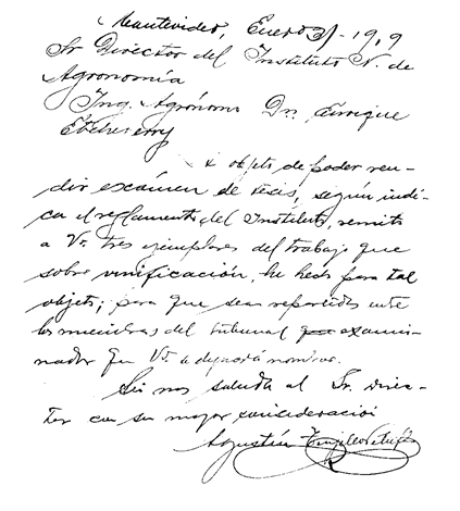 Agustín
Trujillo Peluffo original transcripts (unpublished)
addressed to the director of the National Institute of Agronomy (1919)