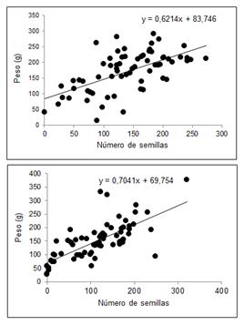 Association between the number of
seeds and the weight of tomatoes obtained by a simple linear regression for lapataia
variety (Experiment 1, left), and elpida variety (Experiments 2 and 3 grouping the data,
right).