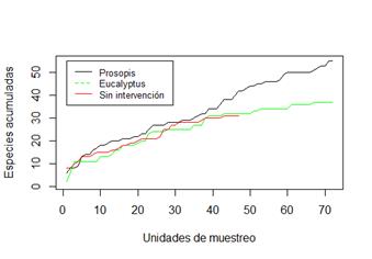 Curvas de acumulación de morfoespecies encontradas en cada sitio
durante todo el período de muestreo.