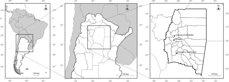 Ubicación
del área de estudio en América del Sur, Argentina y Santiago del Estero en la
que se encuentran las tres áreas de estudio. Colonia El Simbolar, Árraga y
Guanaco Sombriana. Gentileza Tec. Fabián Zubrinic Laboratorio de Percepción
Remota Facultad de Ciencias Forestales Universidad Nacional de Santiago del
Estero