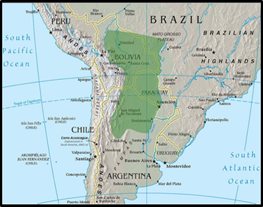 Ubicación
del Parque Chaqueño en el contexto sudamericano.
