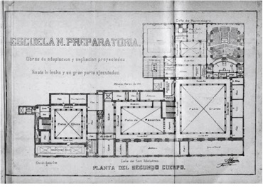 PLANO DEL SEGUNDO
CUERPO DE LAS OBRAS DE ADAPTACIÓN Y AMPLIACIÓN DE LA ENP, PROYECTADA POR SAMUEL
CHÁVEZ, 1910