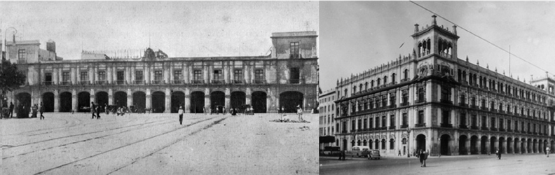 EDIFICIO DEL AYUNTAMIENTO DE LA CIUDAD DE MÉXICO. Antes (ca. 1895) y después
de la intervención de Manuel Gozorpe (ca. 1931)