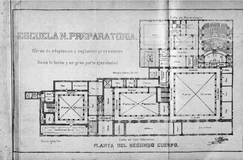 PLAN OF THE SECOND
FLOOR OF THE ADAPTATION AND ENLARGEMENT WORKS OF THE ENP PROJECTED BY SAMUEL
CHÁVEZ, 1910.