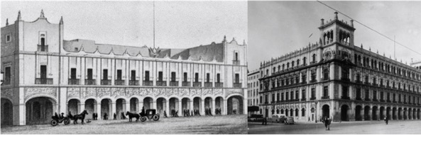 BUILDING OF THE CITY HALL OF MEXICO CITY.
Before (ca. 1895) and after Manuel Gozorpe's intervention (ca. 1931). 