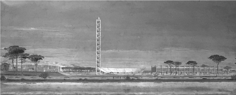 VEDUTA PROSPETTICA DEL PROGETTO VINCITORE DEL CONCORSO. LA STELE PRESENTA
UNA STRUTTURA RETICOLARE TRIANGOLARE CON UN PUNTO PANORAMICO CONCLUSIVO,
DISEGNO SCALA 1.100
