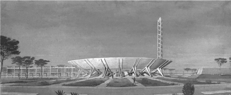 VEDUTA PROSPETTICA DEL PROGETTO VINCITORE DEL CONCORSO, DISEGNO SCALA 1.100.