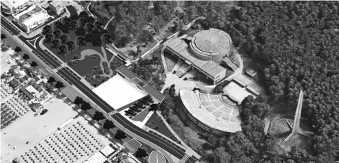 VISTA GENERAL DEL COMPLEJO ARQUITECTÓNICO CON
EL TEATRO AL AIRE LIBRE, EL AUDITORIO Y LA ESTELA, DESDE EL MUNICIPIO DE
PESCARA.