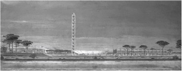 VISTA EN PERSPECTIVA DEL PROYECTO GANADOR DEL CONCURSO. LA ESTELA PRESENTA
UNA ESTRUCTURA RETICULAR TRIANGULAR CON UN PUNTO PANORÁMICO CONCLUSIVO. DIBUJO
A ESCALA 1:100.
