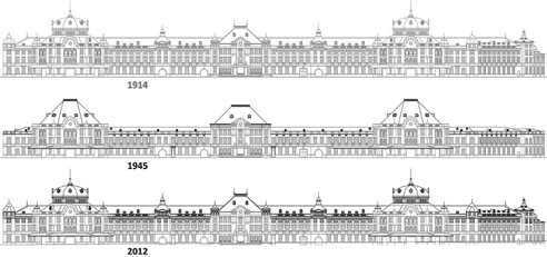 FIGURAS 9 E 10. PROCESSO DE
TRANSFORMAÇÃO DO PISO 3: 1914 – edificação inicial; 1945 – demolição e
construção da nova cobertura; 2012 – restituição da Estação à imagem inicial.