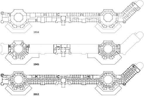 FIGURAS 9 E 10. PROCESSO DE
TRANSFORMAÇÃO DO PISO 3: 1914 – edificação inicial; 1945 – demolição e
construção da nova cobertura; 2012 – restituição da Estação à imagem inicial. 