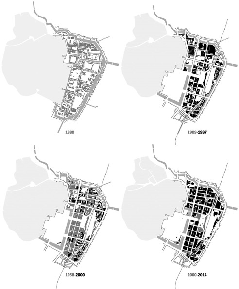 FIGURA 7. EVOLUÇÃO DA ESTAÇÃO DE
TÓQUIO E DO BAIRRO DE MARUNOUCHI: 1880 – traçado urbano regular e estrutura
parcelar daimyo; 1909-1937 – estabilização do traçado e construção da
Estação; 1958-2000 – Reconstrução pós-guerra; 2000-actual – densificação do
tecido urbano. 
