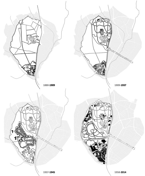 FIGURE 4. EVOLUTION OF THE MEIJI SHRINE AND HARAJUKU
NEIGHBORHOOD: 1880-1909 –property on the outskirts of the city; 1909-1937
–construction of the Sanctuary and the surrounding forest; 19371945 –Military
occupation; 1958-present –demilitarization, construction of stadiums and Yoyogi
park.