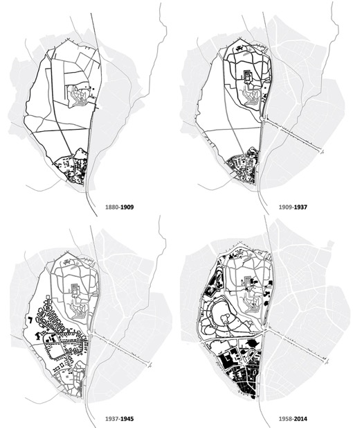 FIGURA 4. EVOLUCIÓN DEL SANTUARIO
MEIJI Y DEL BARRIO DE HARAJUKU: 1880-1909 –propiedad daimyo en la
periferia de la ciudad; 1909-1937 –construcción del Santuario y del bosque
circundante; 1937-1945 –Ocupación militar; 1958-actualidad –desmilitarización,
construcción de los estadios y del parque Yoyogi. 