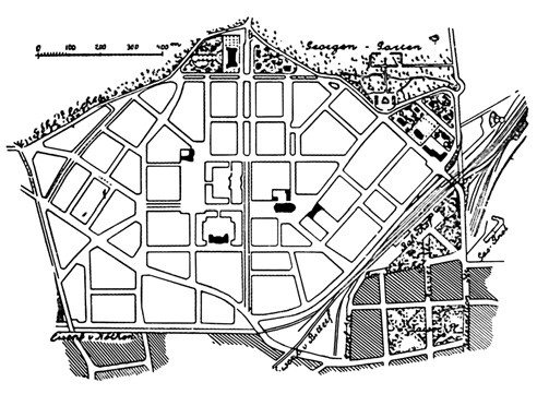 Figura 5. Barrio de ampliaci&oacute;n en Dessau. Proyecto del
arquitecto Henrici (De Henrici, Beitr&auml;ge
zur Aestetik im St&auml;dtebau, fig. 19).