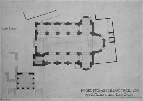 Figura 1. Plano
del templo de Cori con los restos romanos liberados.